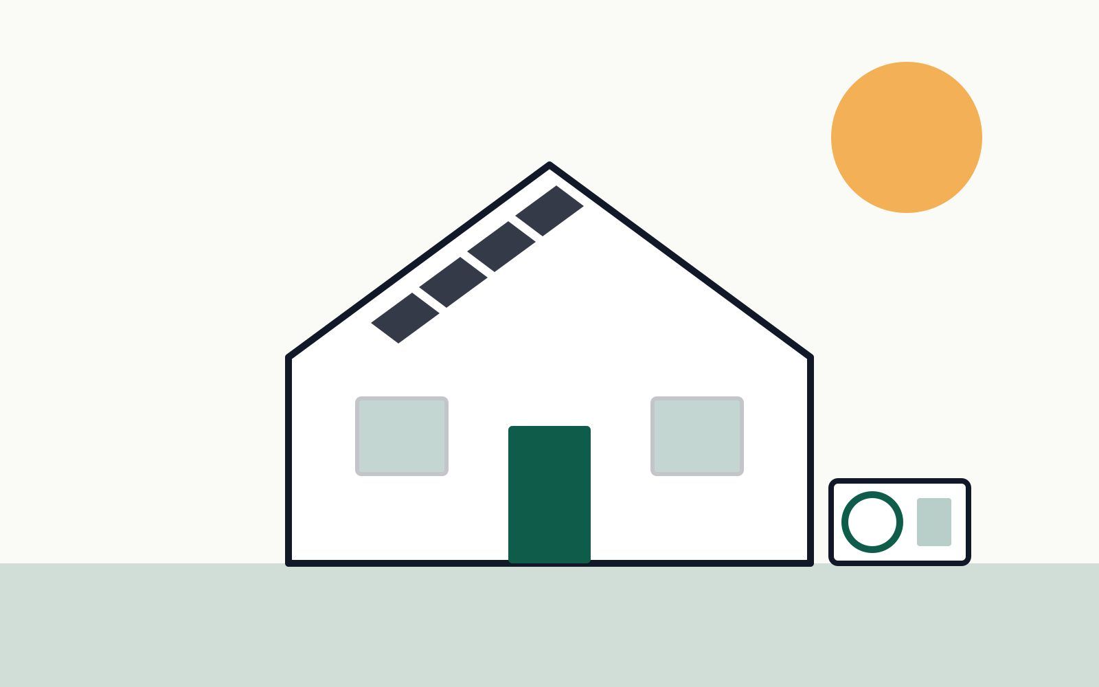 Illustration of a house with solar panels and a heat pump